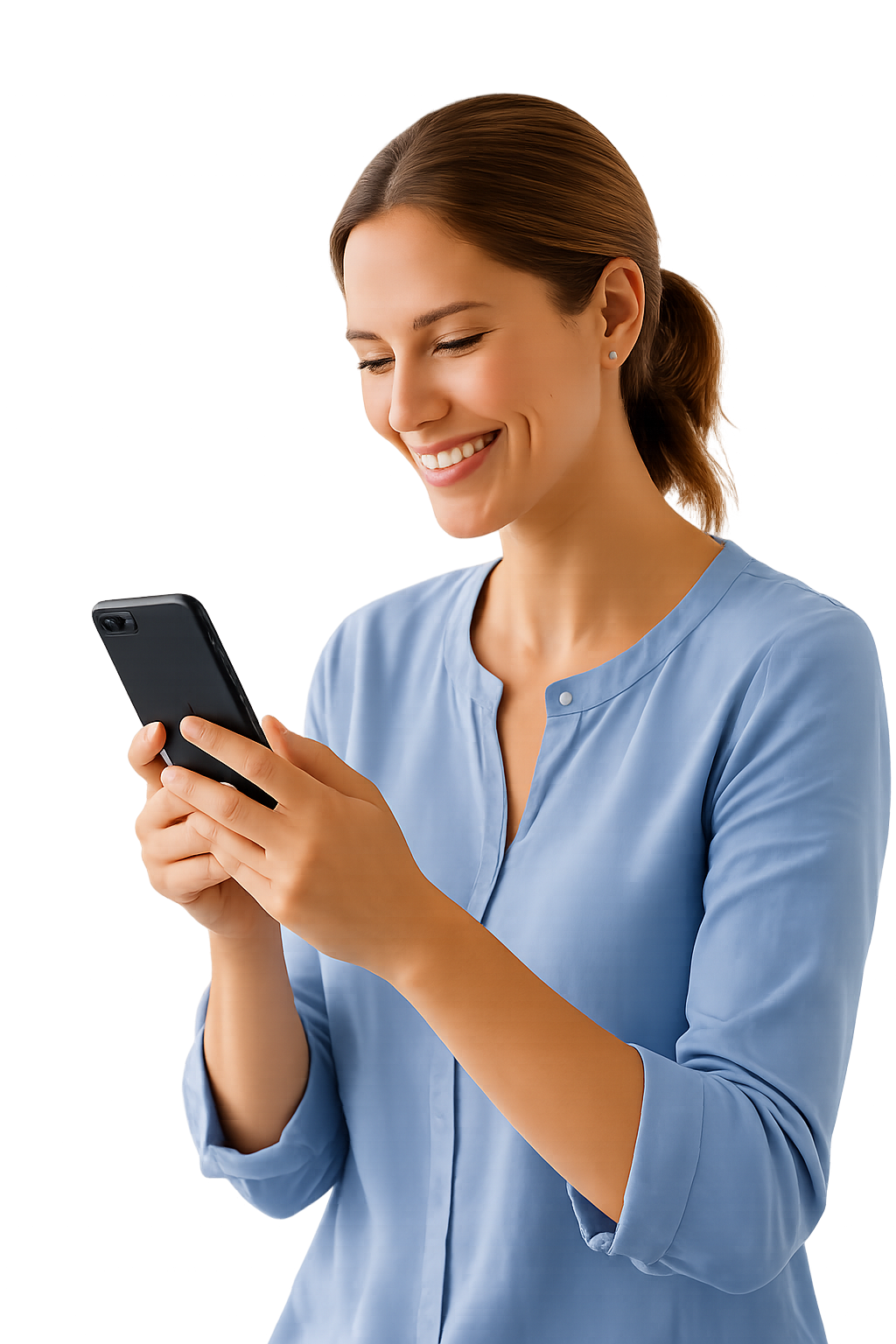 Mulher sorrindo usando o celular